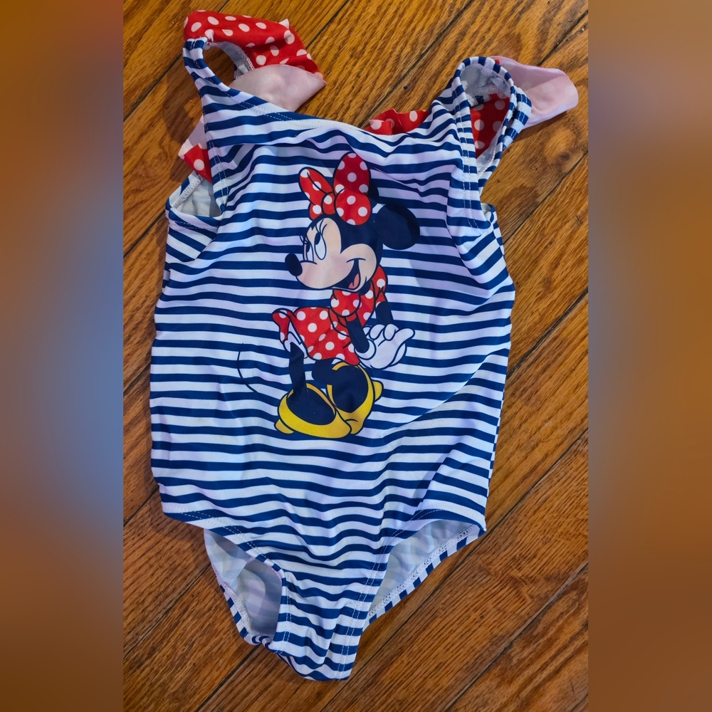 Girls Striped One-Piece Swimsuit with Minnie Mouse Graphic - Navy/White/Red